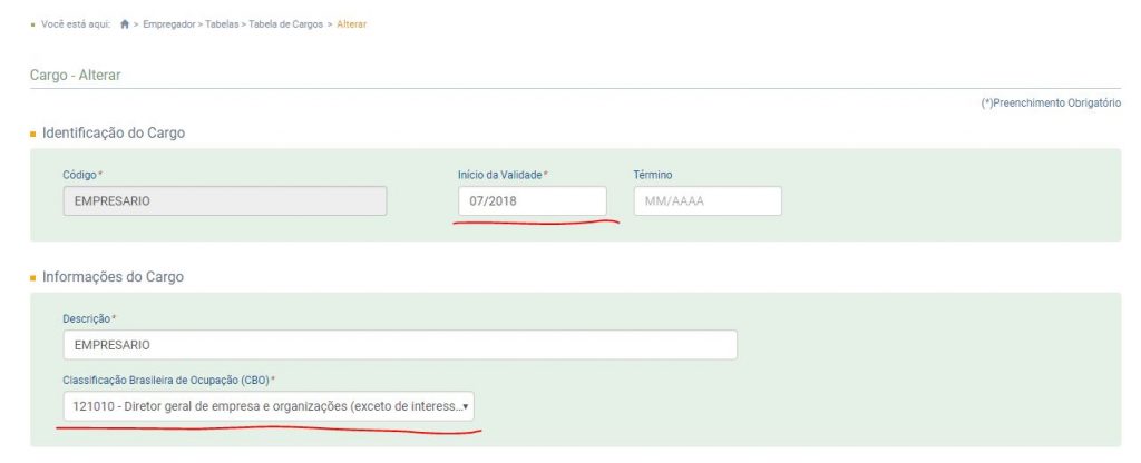 eSocial - Cadastro de cargos