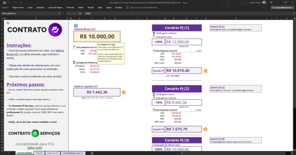 Calculadora CLT x PJ com Reforma Tributária. Planilha de salário CLT x PJ.
